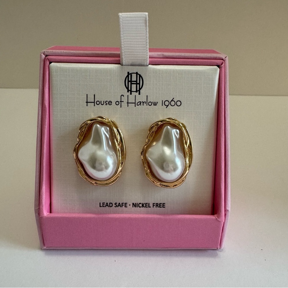 House of Harlow 1960 Faux Baroque Pearl Gold Tone Statement Stud Earrings NIB